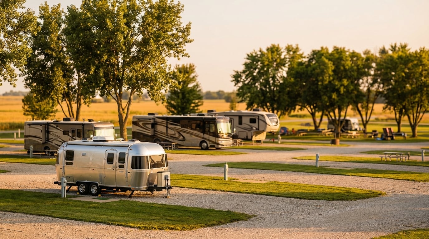 A shiny silver Airstream travel trailer parked on a gravel site in the foreground of a peaceful RV campground, with several large motorhomes and fifth-wheel campers parked under trees in the background during the golden hour.