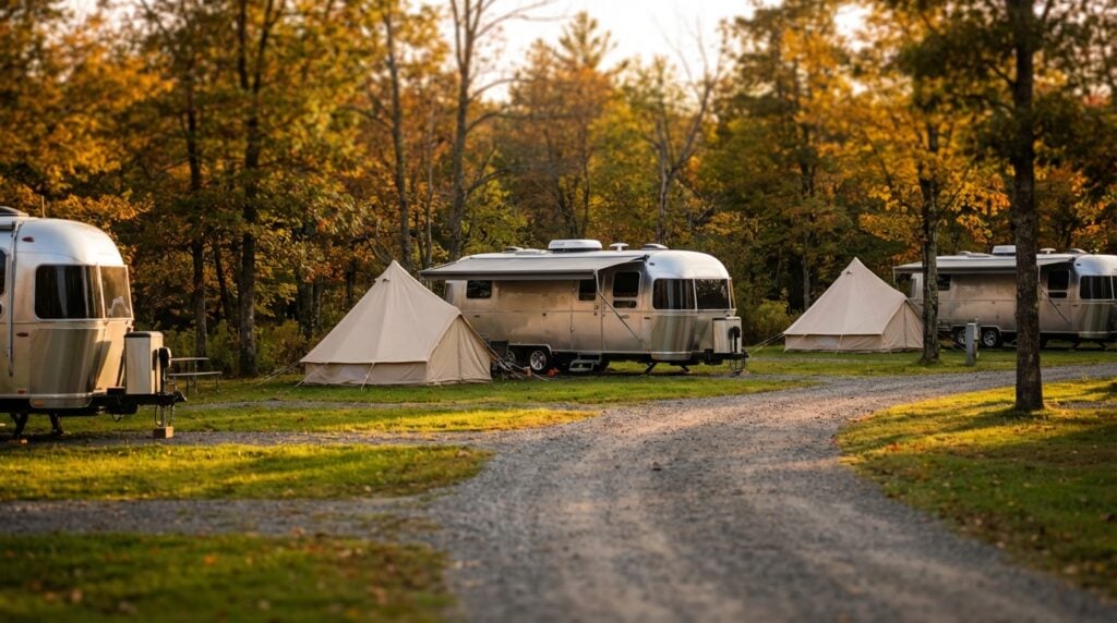 Silver Airstream-style trailers and canvas glamping tents set along a gravel road in a peaceful campground surrounded by trees with colorful autumn foliage.