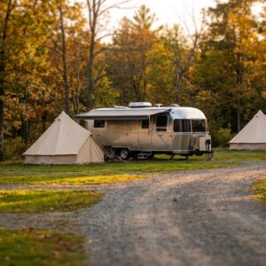 Silver Airstream-style trailers and canvas glamping tents set along a gravel road in a peaceful campground surrounded by trees with colorful autumn foliage.