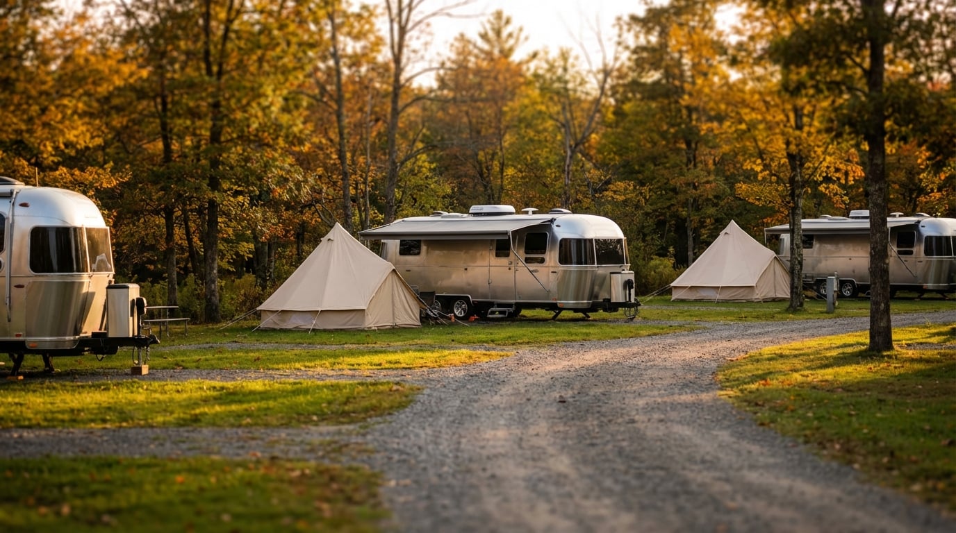 Silver Airstream-style trailers and canvas glamping tents set along a gravel road in a peaceful campground surrounded by trees with colorful autumn foliage.