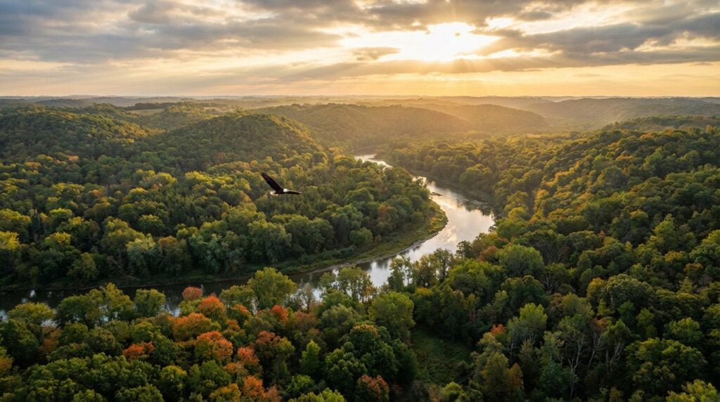 Aerial view of a bald eagle soaring over a winding river surrounded by dense green and autumnal forest, with golden sunbeams breaking through clouds over rolling hills at sunset