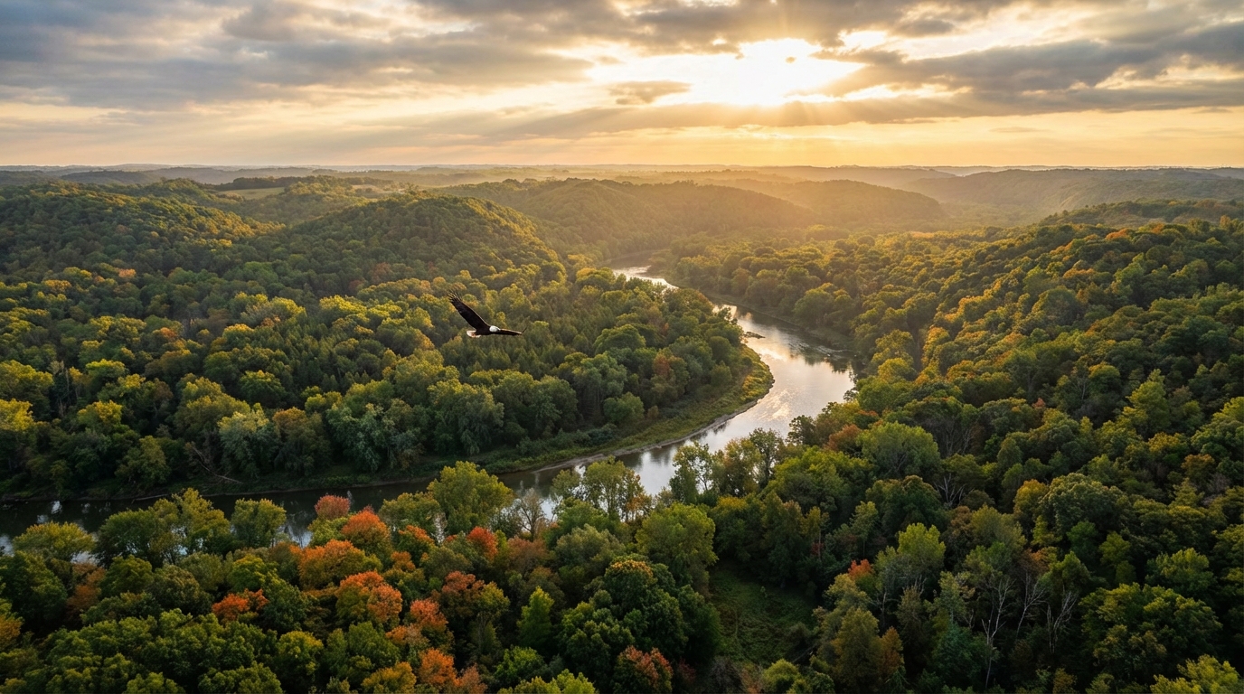 Aerial view of a bald eagle soaring over a winding river surrounded by dense green and autumnal forest, with golden sunbeams breaking through clouds over rolling hills at sunset