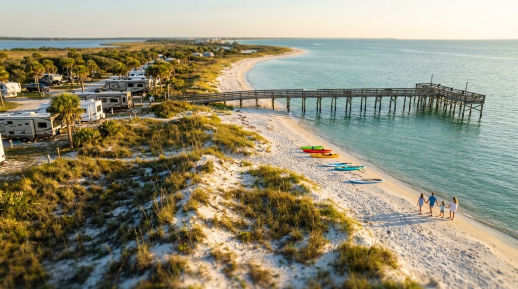 Aerial view of a waterfront RV campground featuring campers parked along grassy dunes and palm trees next to a white sandy beach with a wooden pier extending into turquoise water, colorful kayaks on the sand, and a family of four walking along the shoreline