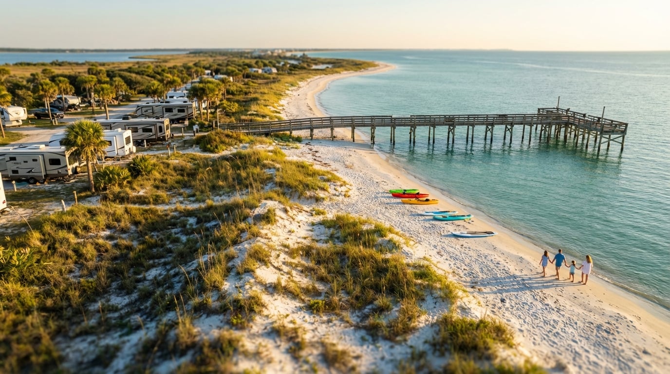 Aerial view of a waterfront RV campground featuring campers parked along grassy dunes and palm trees next to a white sandy beach with a wooden pier extending into turquoise water, colorful kayaks on the sand, and a family of four walking along the shoreline