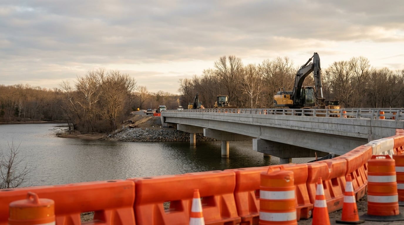 Orange construction barriers line the foreground of a view showing a concrete bridge under construction over a river, with heavy machinery including an excavator stationed on the deck against a backdrop of bare trees and an overcast sky.