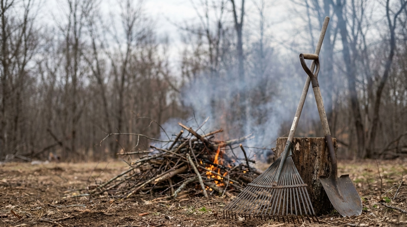 Metal leaf rake and shovel leaning against a tree stump in the foreground near a burning brush pile emitting smoke in a wooded clearing