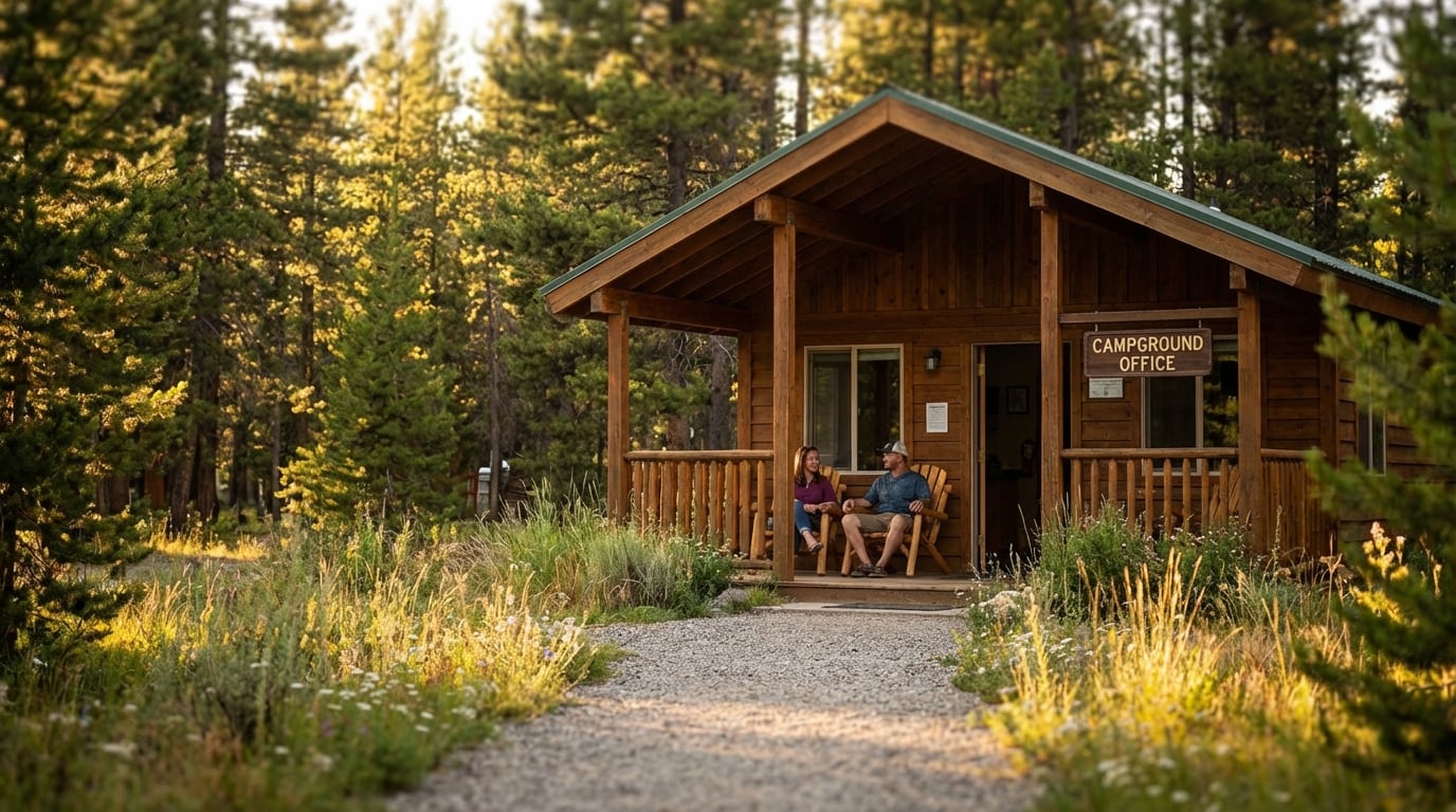 Rustic wooden cabin labeled Campground Office nestled in a sunlit pine forest with a couple sitting in chairs on the front porch overlooking a gravel path.