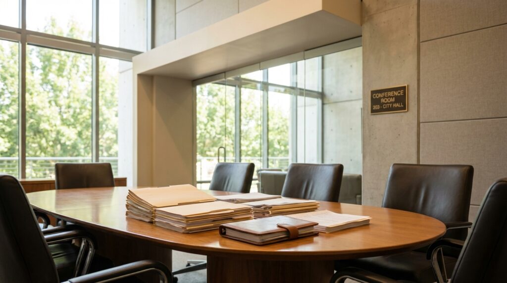Stacks of manila file folders and a leather notebook rest on a wooden oval table surrounded by black office chairs in an empty City Hall conference room with large windows overlooking trees