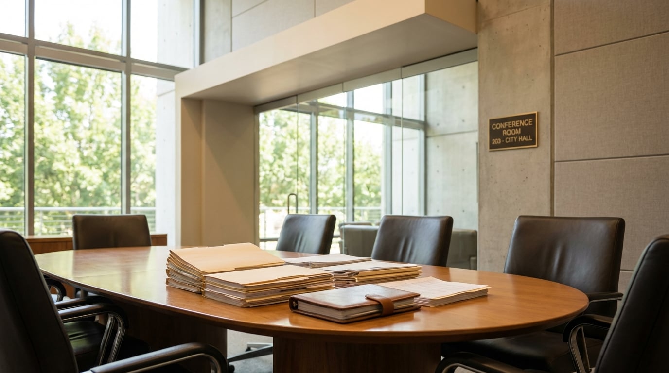 Stacks of manila file folders and a leather notebook rest on a wooden oval table surrounded by black office chairs in an empty City Hall conference room with large windows overlooking trees