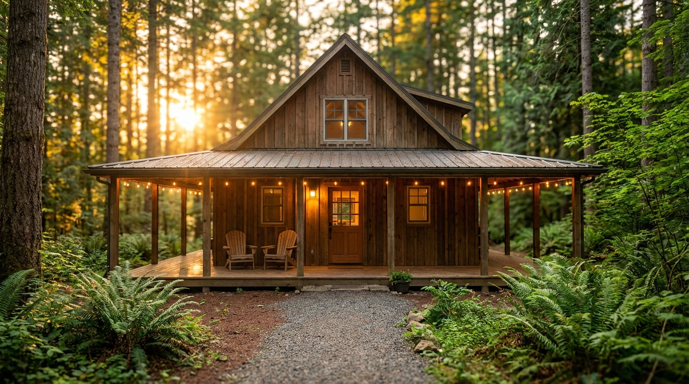 Rustic wooden cabin featuring a wraparound porch with string lights and Adirondack chairs, nestled in a dense evergreen forest with ferns and a gravel path, illuminated by golden hour sunlight filtering through the trees