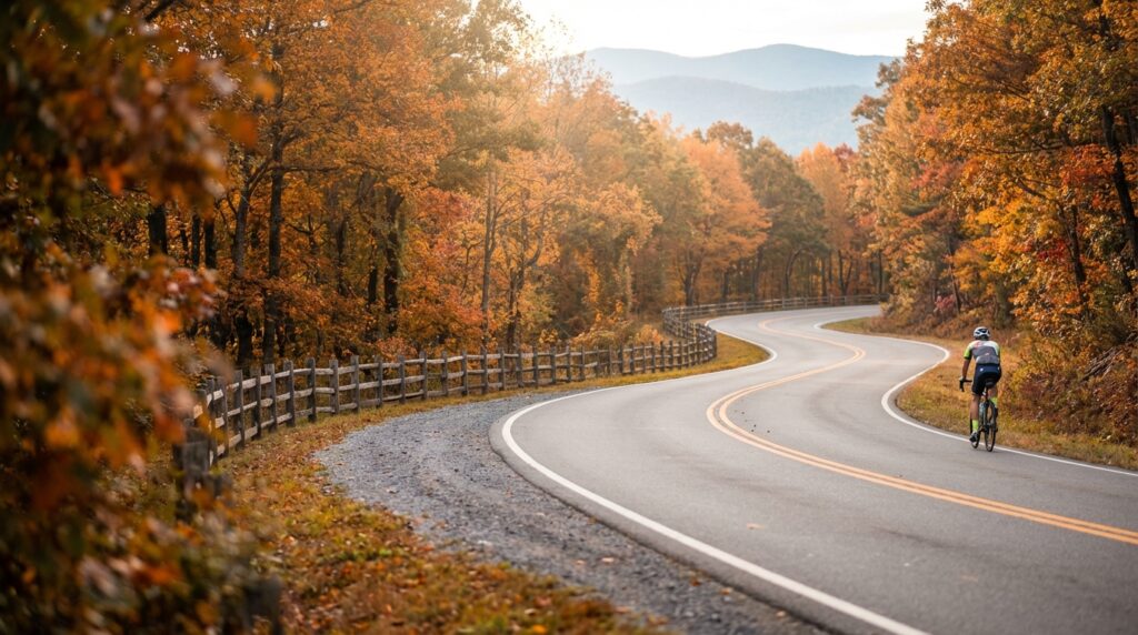 Cyclist riding on a winding paved road lined with a rustic wooden fence and vibrant orange autumn foliage, with hazy blue mountains in the background