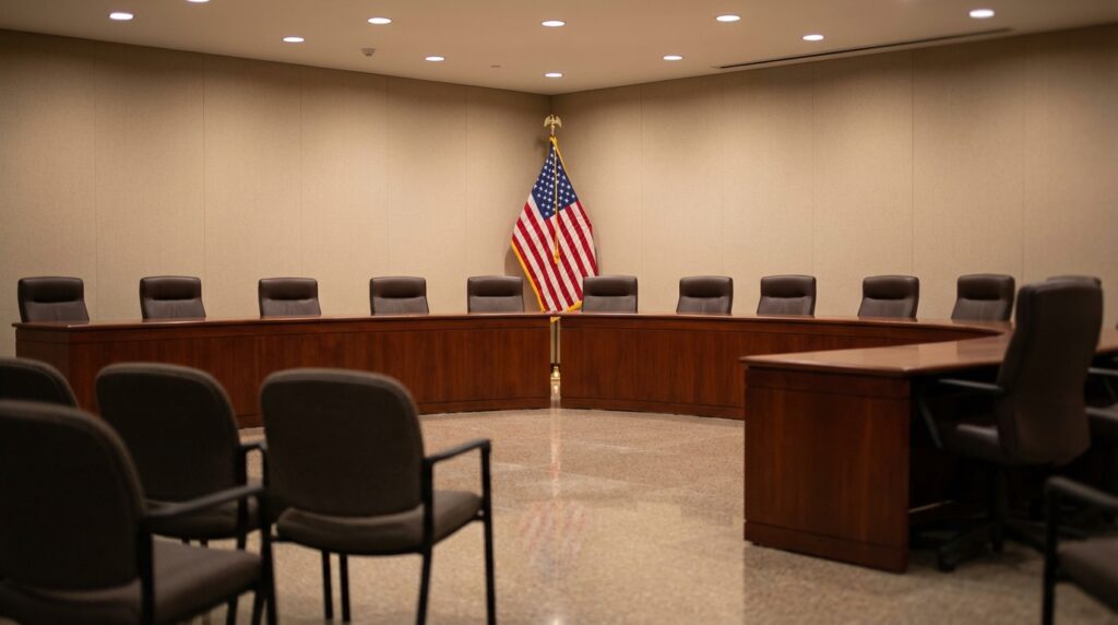 Empty hearing room or council chambers featuring a curved wooden dais with black leather chairs, a polished floor, and an American flag standing in the corner under recessed lighting