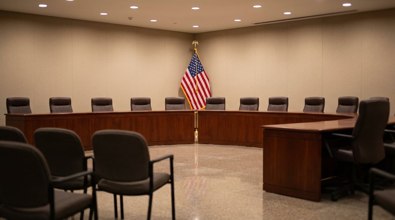 Empty hearing room or council chambers featuring a curved wooden dais with black leather chairs, a polished floor, and an American flag standing in the corner under recessed lighting