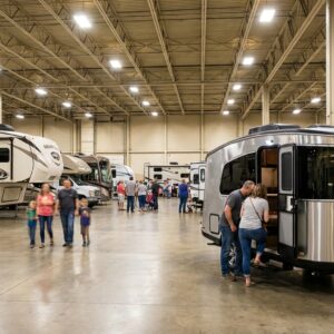 Families and potential buyers browse a selection of recreational vehicles at a large indoor RV show, featuring a couple inspecting a silver travel trailer and others walking past luxury motorhomes in an exhibition hall