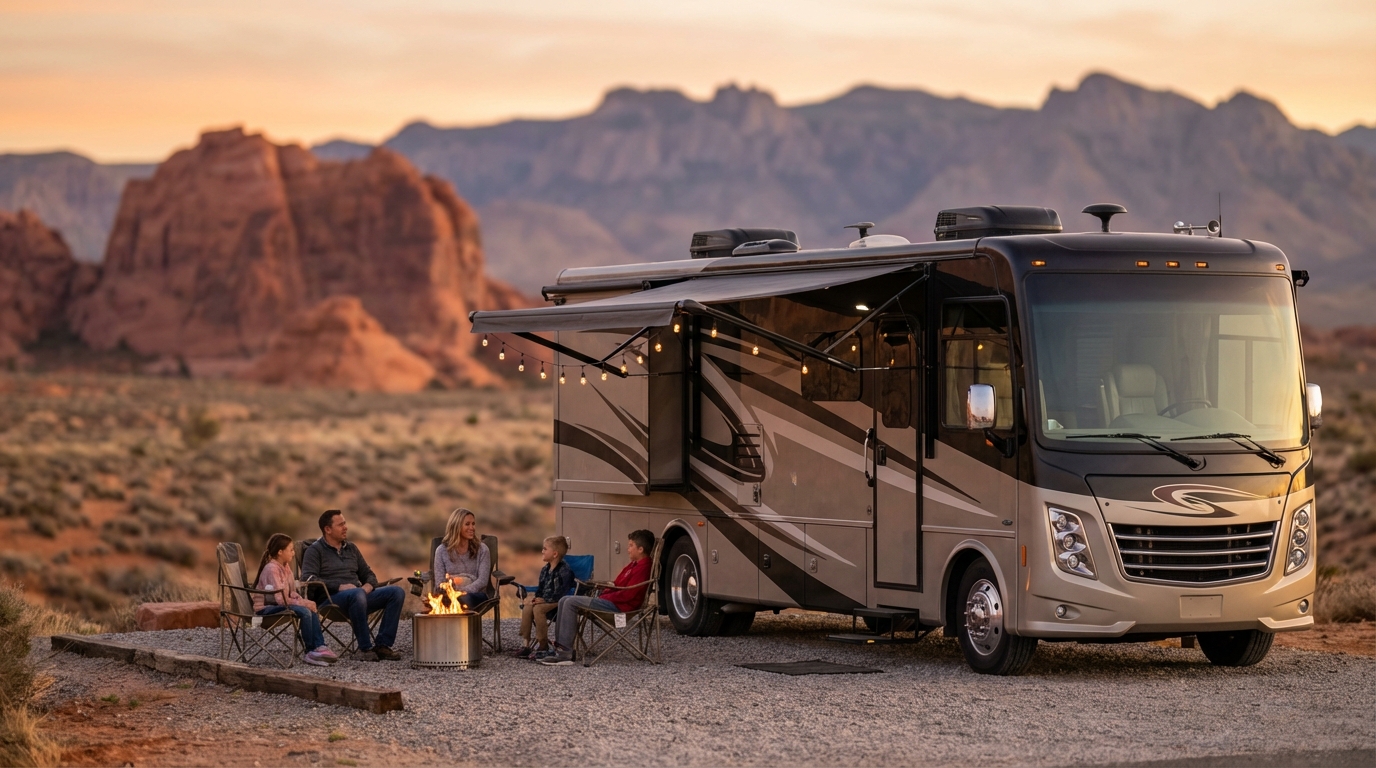 Family of five sitting in camp chairs around a portable fire pit outside a luxury Class A motorhome at a desert campsite with red rock mountains and a sunset backdrop