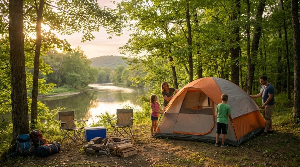 Family of four setting up an orange and grey camping tent in a wooded clearing overlooking a calm river at sunset, with folding chairs, a cooler, and a fire pit nearby