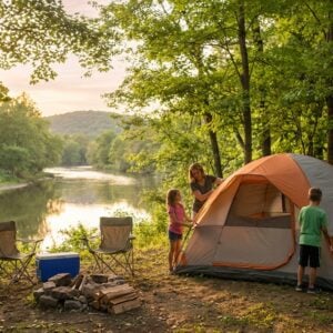 Family of four setting up an orange and grey camping tent in a wooded clearing overlooking a calm river at sunset, with folding chairs, a cooler, and a fire pit nearby