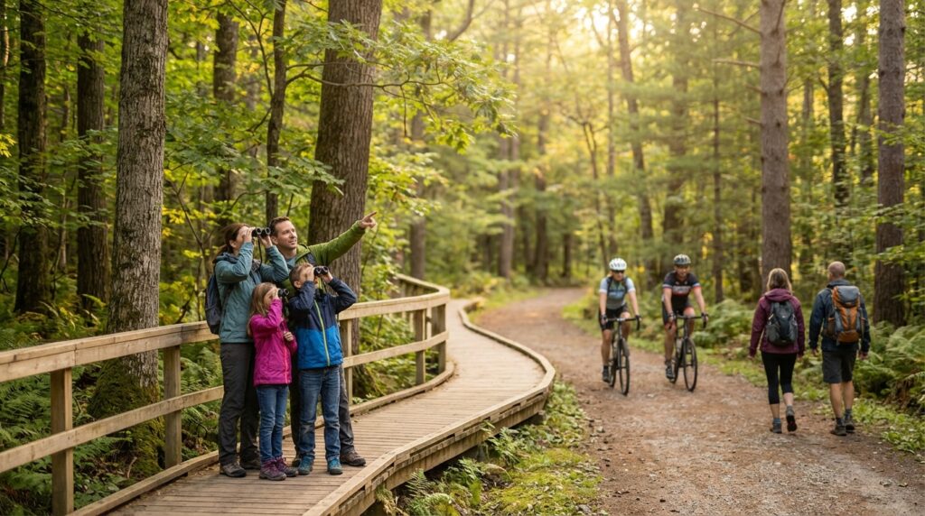 Family of four birdwatching with binoculars on a wooden boardwalk in a sunlit forest, standing near cyclists and hikers utilizing a parallel dirt trail.