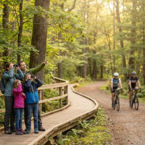 Family of four birdwatching with binoculars on a wooden boardwalk in a sunlit forest, standing near cyclists and hikers utilizing a parallel dirt trail.