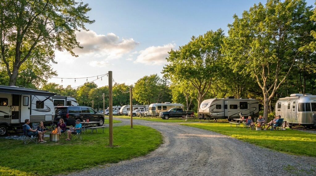 Families relaxing in lawn chairs outside travel trailers and RVs at a spacious, wooded campground with a gravel road winding through green grass and string lights overhead.