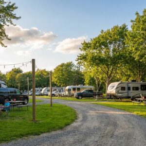 Families relaxing in lawn chairs outside travel trailers and RVs at a spacious, wooded campground with a gravel road winding through green grass and string lights overhead.