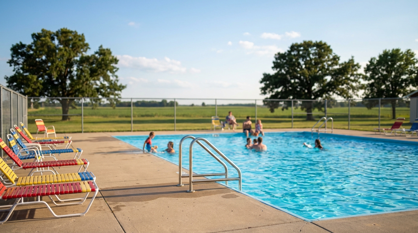 Families swim and relax in a public outdoor swimming pool on a sunny day, with colorful striped lounge chairs lining the concrete deck and green trees visible beyond a chain-link fence