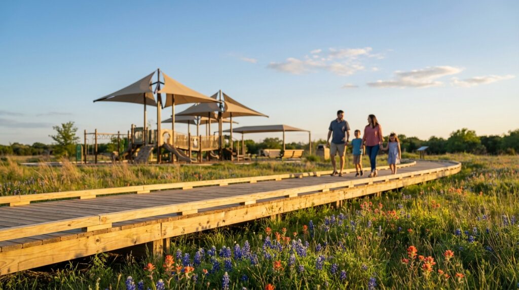 Family of four walking hand-in-hand along a curved wooden boardwalk surrounded by wildflowers, with a large shaded playground structure visible in the background under a sunny sky