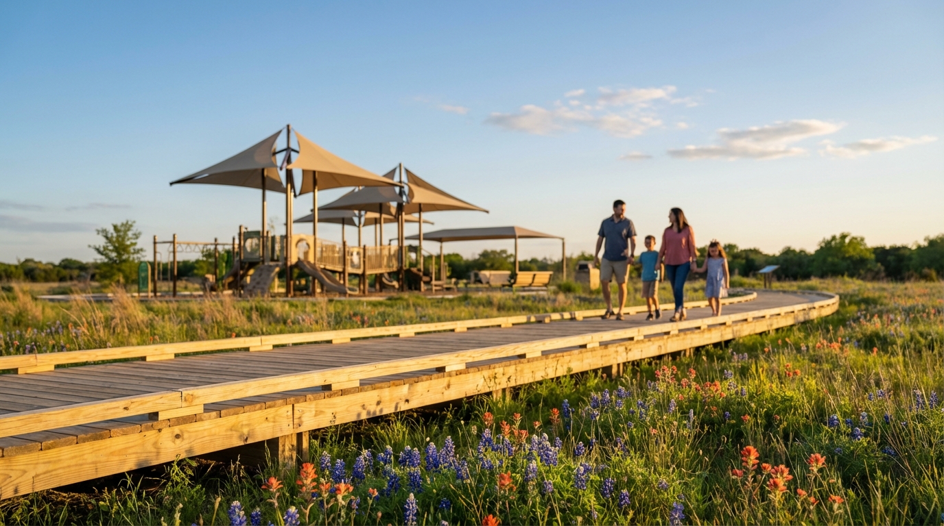 Family of four walking hand-in-hand along a curved wooden boardwalk surrounded by wildflowers, with a large shaded playground structure visible in the background under a sunny sky