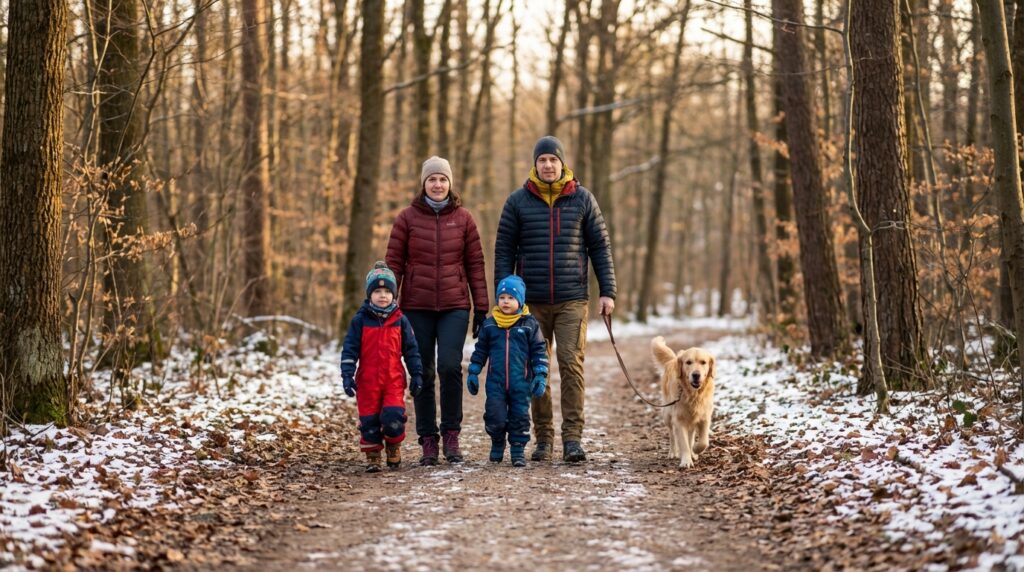 A family of four wearing warm winter clothing walks their Golden Retriever dog down a forest path covered in leaves and patches of snow.