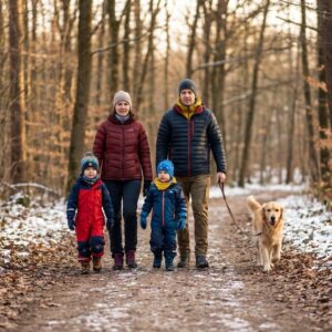 A family of four wearing warm winter clothing walks their Golden Retriever dog down a forest path covered in leaves and patches of snow.