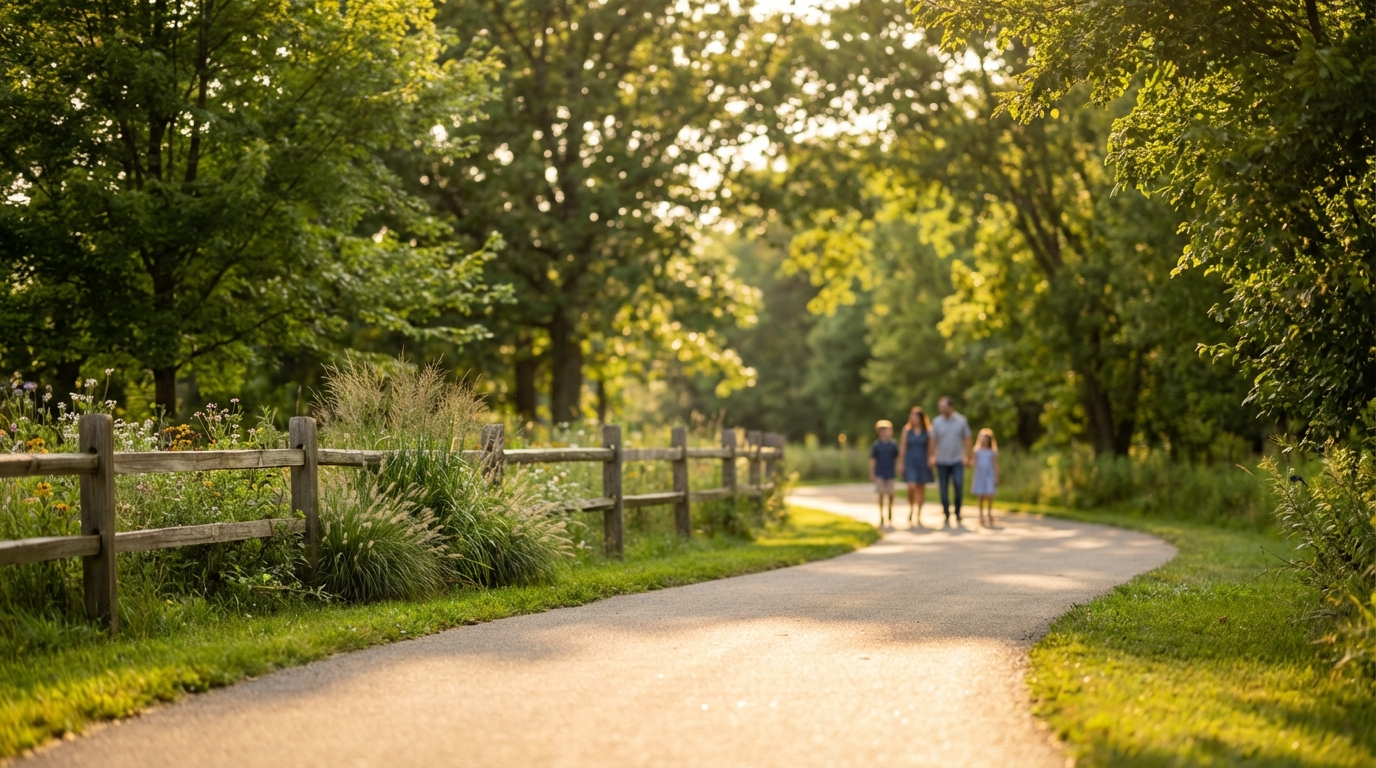 Sunlit paved walking trail winding through a lush green park with a rustic wooden fence and wildflowers in the foreground, leading toward a family of four walking in the distance.