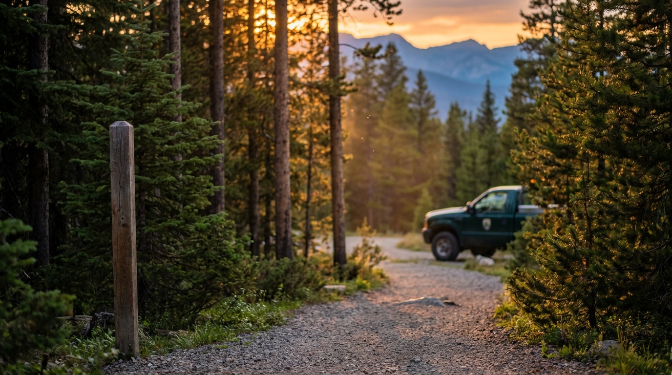 Green National Park Service ranger truck parked on a gravel trail winding through a dense pine forest with mountains in the background during a golden sunset