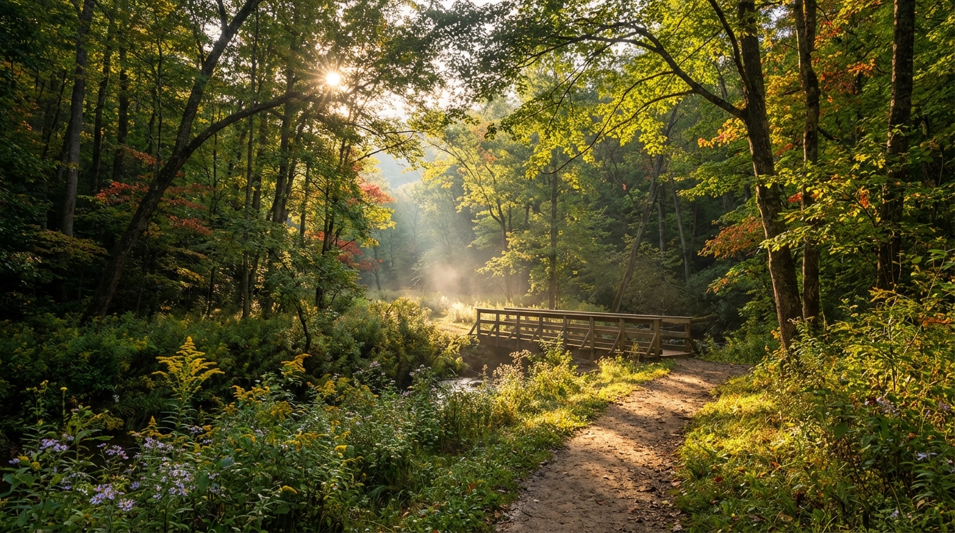 Sun rays burst through a dense forest canopy, illuminating a wooden footbridge and dirt hiking trail surrounded by mist and blooming wildflowers.