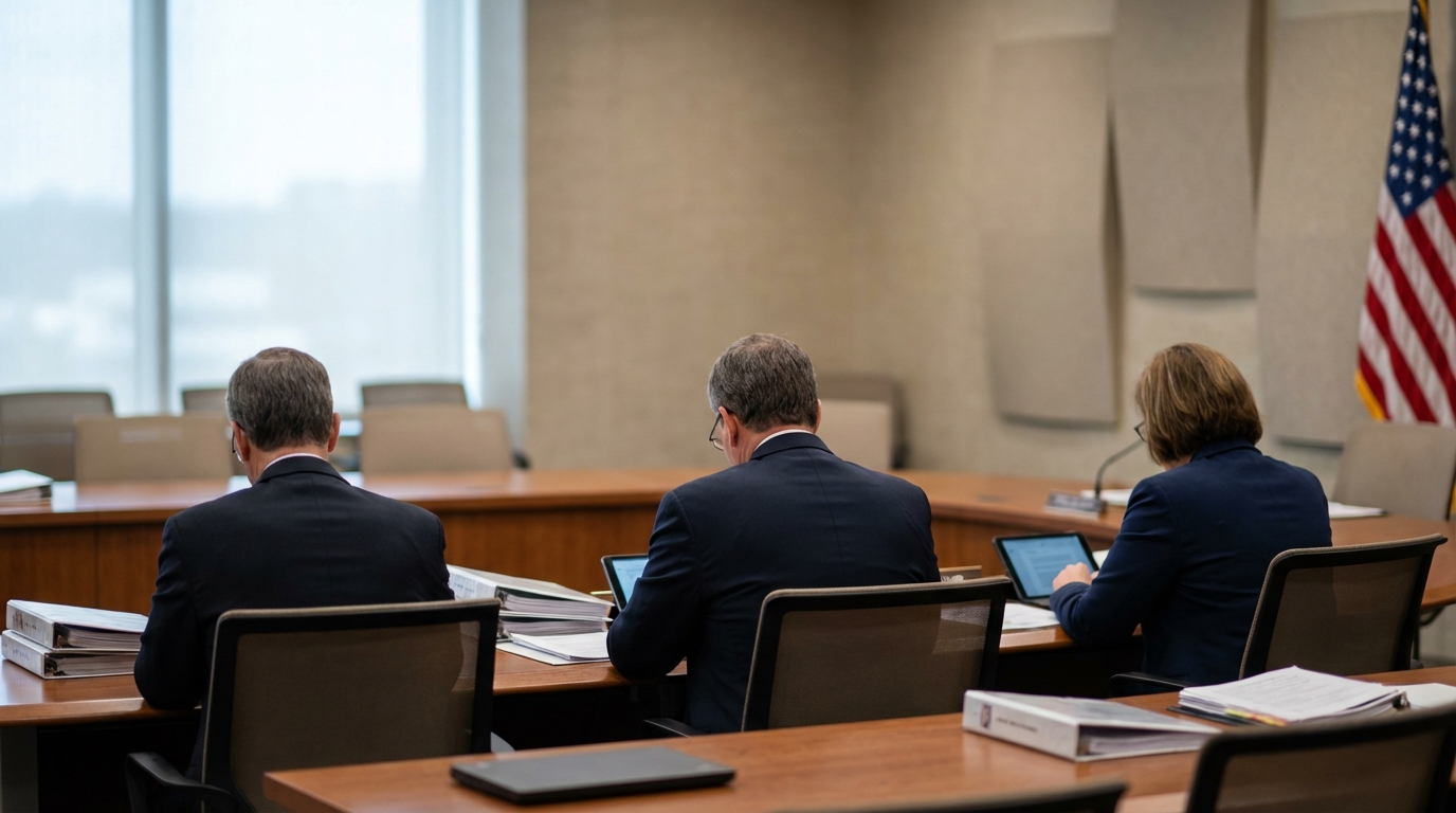 Rear view of three individuals in dark business suits seated at a curved wooden conference table with thick binders and tablets, set against a background featuring beige acoustic panels and an American flag.