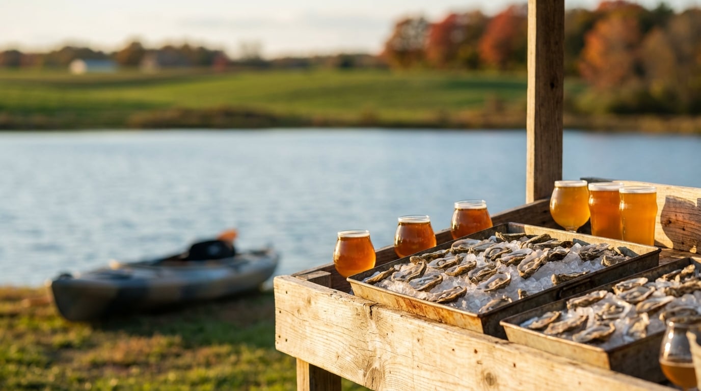 Trays of fresh raw oysters on ice and glasses of amber beer arranged on a wooden table overlooking a scenic lake with a kayak on the shore and vibrant autumn foliage in the distance