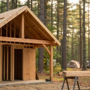 Partially constructed timber frame cabin with exposed wooden beams and plywood sheathing on a concrete slab in a pine forest, with sawhorses holding lumber in the foreground and camping tents visible in the background