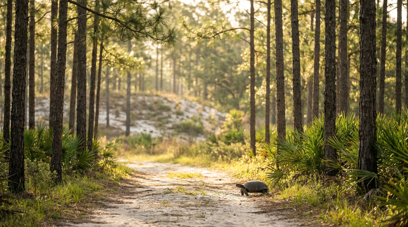Gopher tortoise walking across a sandy path in a sunlit pine forest surrounded by saw palmetto bushes.