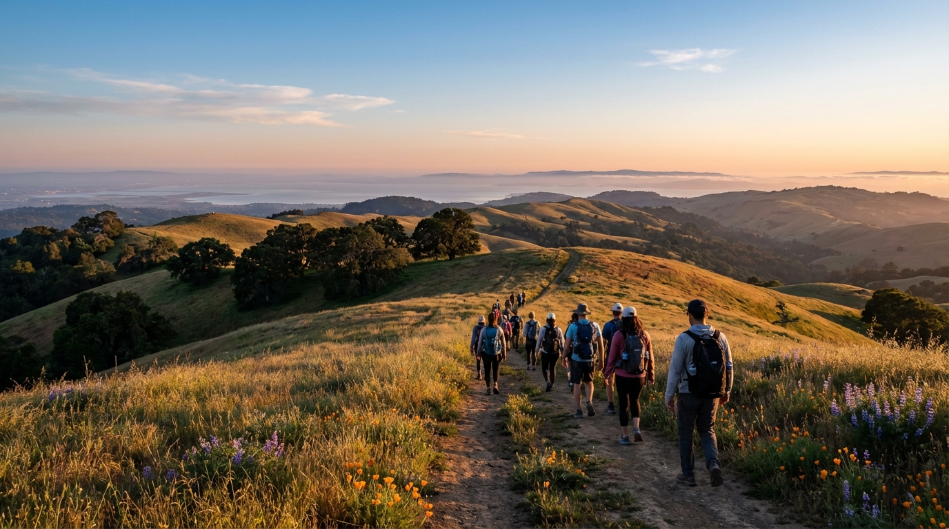 Group of hikers with backpacks walking along a dirt ridge trail through golden rolling hills at sunset, surrounded by purple lupine and orange poppy wildflowers, with a view of a hazy bay and distant mountains in the background