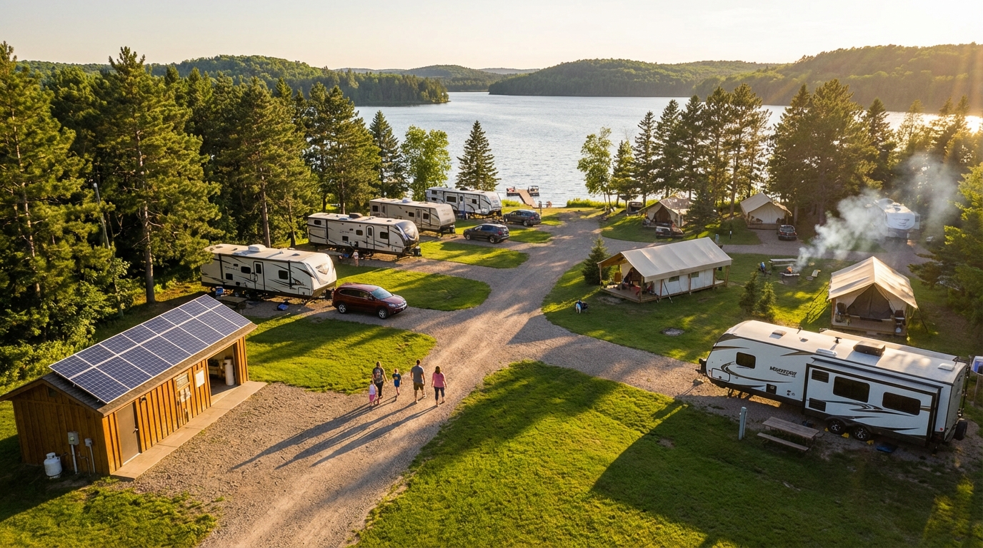 Scenic view of a lakeside campground featuring travel trailers and canvas glamping tents surrounded by a pine forest during golden hour, with a family walking on a gravel path past a small building with roof-mounted solar panels.
