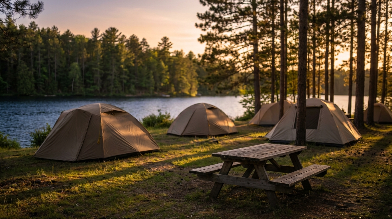 Several tan camping tents pitched on a grassy shoreline next to a calm lake during sunset, with a wooden picnic table in the foreground and tall pine trees framing the scene