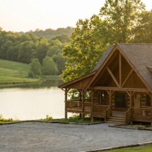 Large wooden lodge with construction scaffolding on the exterior overlooking a calm lake and green rolling hills during golden hour