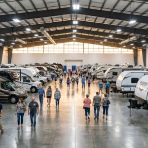 Wide view of a busy indoor RV show inside a large convention center, featuring rows of motorhomes and travel trailers lining the aisles while attendees walk across the polished concrete floors to browse the recreational vehicles.