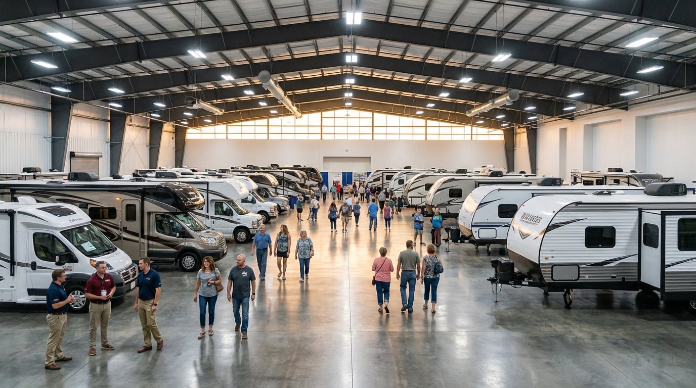 Wide view of a busy indoor RV show inside a large convention center, featuring rows of motorhomes and travel trailers lining the aisles while attendees walk across the polished concrete floors to browse the recreational vehicles.