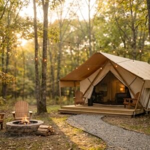 Large canvas glamping tent on a raised wooden deck in a forest, illuminated by overhead string lights, with a gravel path leading past a stone fire pit and two Adirondack chairs.