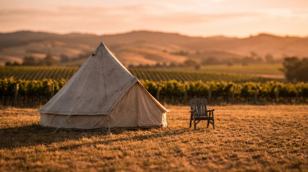 Canvas bell tent and wooden chair situated in a dry field in front of vineyard rows and rolling hills during a warm golden sunset