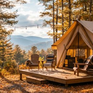 Large canvas glamping tent on a wooden deck with Adirondack chairs and blankets nestled in a pine forest with autumn foliage and hanging string lights overlooking blue mountains in the distance