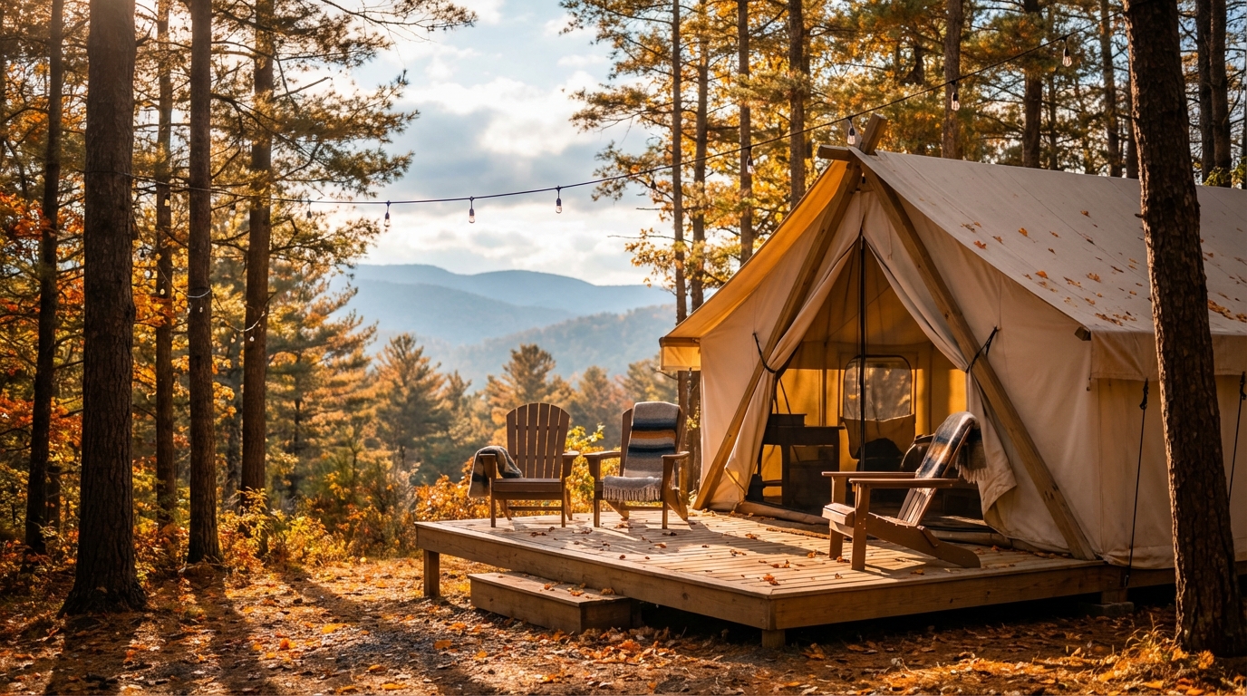 Large canvas glamping tent on a wooden deck with Adirondack chairs and blankets nestled in a pine forest with autumn foliage and hanging string lights overlooking blue mountains in the distance