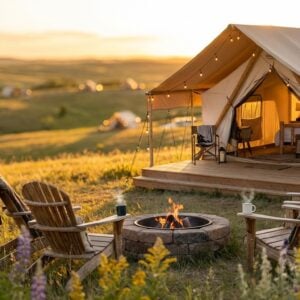 Luxury canvas glamping tent on a wooden deck adorned with string lights, overlooking a stone fire pit surrounded by Adirondack chairs and wildflowers during a golden sunset over rolling hills
