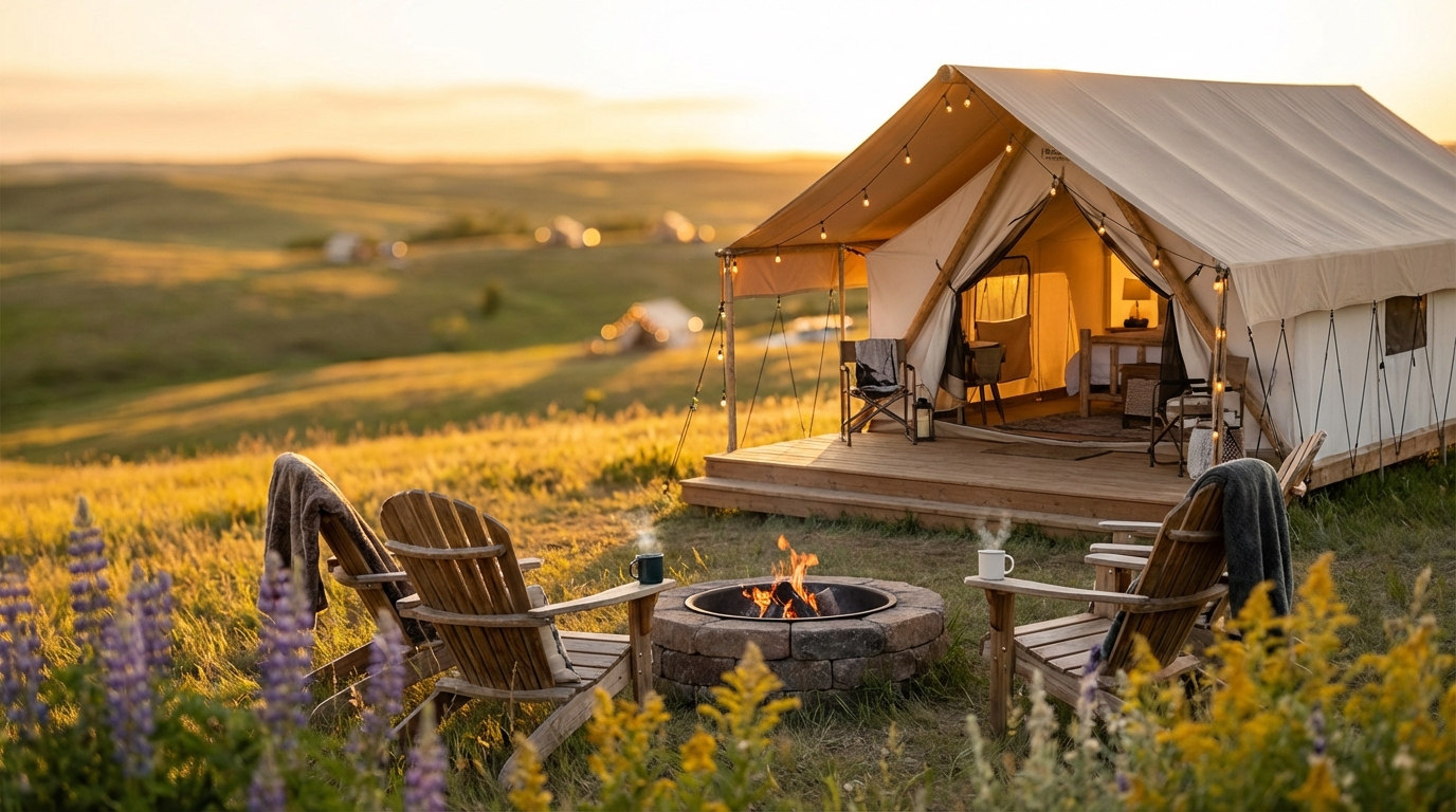 Luxury canvas glamping tent on a wooden deck adorned with string lights, overlooking a stone fire pit surrounded by Adirondack chairs and wildflowers during a golden sunset over rolling hills