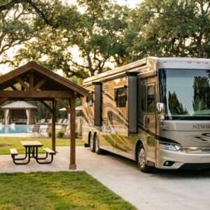 Luxury Newmar Class A motorhome parked at an upscale RV resort campsite featuring a covered wooden pavilion, picnic table, and stone grill, with a swimming pool visible in the sun-drenched background.